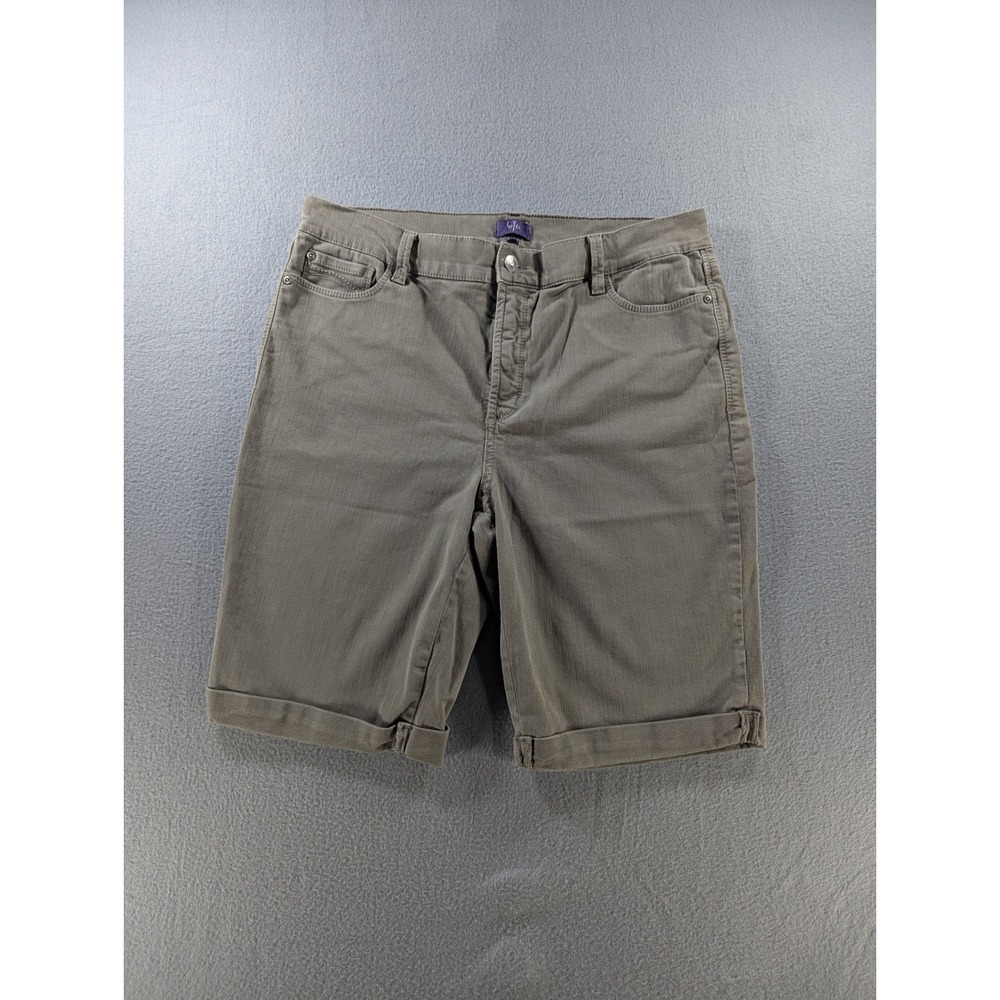 NYDJ Bermuda Shorts Women 14 Olive Green Lift Tuck Tech Stretch Denim Cuffed
